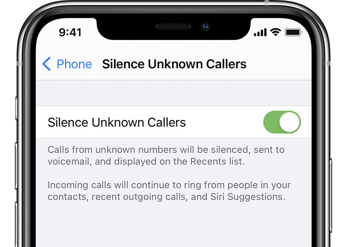 Image of iPhone settings that show the Silence Unknown Callers option switched on